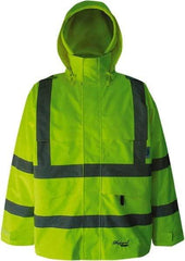 Viking - Size 4XL, High Visibility Lime, Rain, Wind Resistant Jacket - 58" Chest, 4 Pockets, Detachable Hood - Exact Industrial Supply