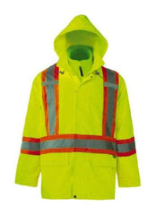 Viking - Size 4XL, High Visibility Lime, Rain, Wind Resistant Jacket - 58" Chest, 3 Pockets, Detachable Hood - Exact Industrial Supply