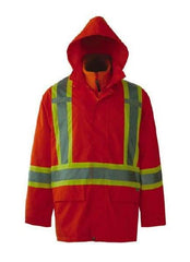 Viking - Size 3XL, High Visibility Orange, Rain, Wind Resistant Jacket - 55" Chest, 3 Pockets, Detachable Hood - Exact Industrial Supply