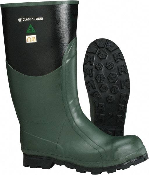 Viking - Men's Size 12 Medium Width Steel Knee Boot - Green, Black, Rubber Upper, Nitrile Rubber Outsole, 15" High, Non-Slip, Waterproof, Electric Shock Resistant - Exact Industrial Supply