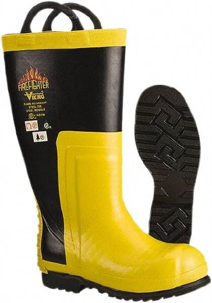 Viking - Men's Size 14 Medium Width Steel Work Boot - Black, Yellow, Rubber Upper, Nitrile Rubber Outsole, 14" High, Non-Slip, Chemical Resistant, Waterproof, Electric Shock Resistant - Exact Industrial Supply