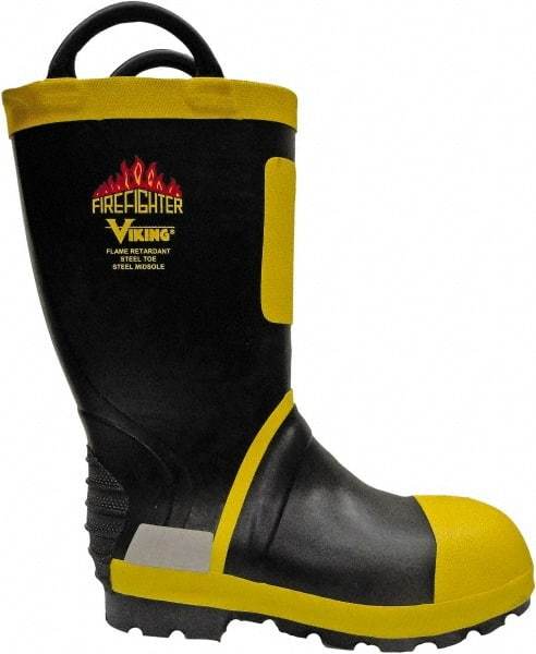 Viking - Men's Size 9 Medium Width Steel Work Boot - Black, Yellow, Rubber Upper, Nitrile Rubber Outsole, 14" High, Non-Slip, Waterproof - Exact Industrial Supply