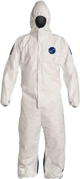 Dupont - Size XL Film Laminate General Purpose Coveralls - White/Blue, Zipper Closure, Elastic Cuffs, Elastic Ankles, Serged Seams, Hazard Level D & C - Exact Industrial Supply