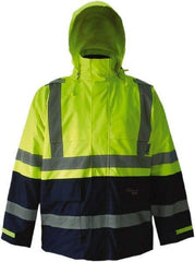 Viking - Size 4XL, High Visibility Lime & Navy, Rain, Wind Resistant Jacket - 58" Chest, 4 Pockets, Detachable Hood - Exact Industrial Supply