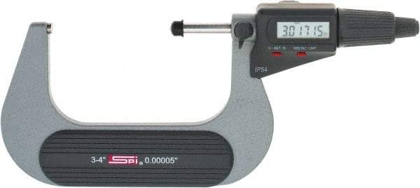 SPI - 3 to 4" Range, 0.00005" Resolution, Standard Throat IP54 Electronic Outside Micrometer - 0.0002" Accuracy, Friction Thimble, Carbide-Tipped Face, LR44 Battery, Includes NIST Traceable Certification of Inspection - Exact Industrial Supply