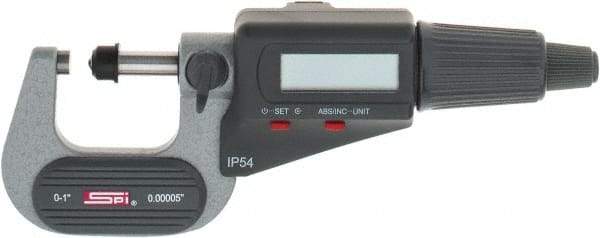 SPI - 0 to 1" Range, 0.00005" Resolution, Standard Throat IP54 Electronic Outside Micrometer - 0.00016" Accuracy, Friction Thimble, Carbide-Tipped Face, LR44 Battery, Includes NIST Traceable Certification of Inspection - Exact Industrial Supply