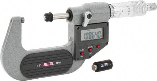 SPI - 1 to 2" Range, 0.00005" Resolution, Standard Throat IP65 Electronic Outside Micrometer - 0.0001" Accuracy, Ratchet Stop Thimble, Carbide-Tipped Face, LR44 Battery, Includes NIST Traceable Certification of Inspection - Exact Industrial Supply