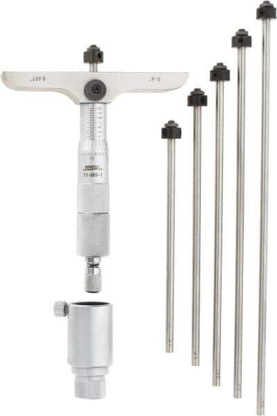 SPI - 0 to 6" Range, 6 Rod, Mechanical Depth Micrometer - Ratchet Stop Thimble, 4" Base Length, 0.001" Graduation, 4.5mm Rod Diam - Exact Industrial Supply