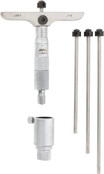 SPI - 0 to 4" Range, 4 Rod, Mechanical Depth Micrometer - Ratchet Stop Thimble, 4" Base Length, 0.001" Graduation, 4.5mm Rod Diam - Exact Industrial Supply