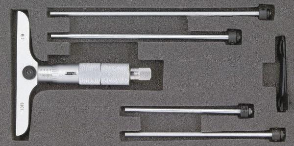 SPI - 0 to 12" Range, 12 Rod, Mechanical Depth Micrometer - Ratchet Stop Thimble, 4" Base Length, 0.001" Graduation, 4.5mm Rod Diam - Exact Industrial Supply
