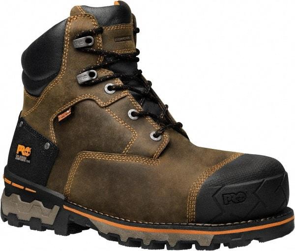 Timberland PRO - Men's Size 10.5 Medium Width Composite Work Boot - Brown, Leather, Rubber Upper, TPU Outsole, 6" High, Safety Toe, Waterproof - Exact Industrial Supply