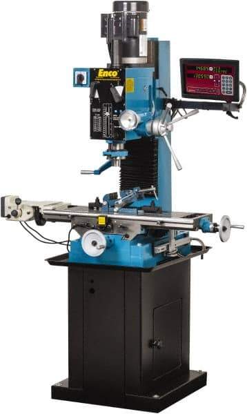 Enco - 1 Phase, 20" Swing, Geared Head Mill Drill Combination - 37-1/2" Table Length x 28" Table Width, 22" Longitudinal Travel, 8" Cross Travel, 6 Spindle Speeds, 2 hp, 220 Volts - Exact Industrial Supply