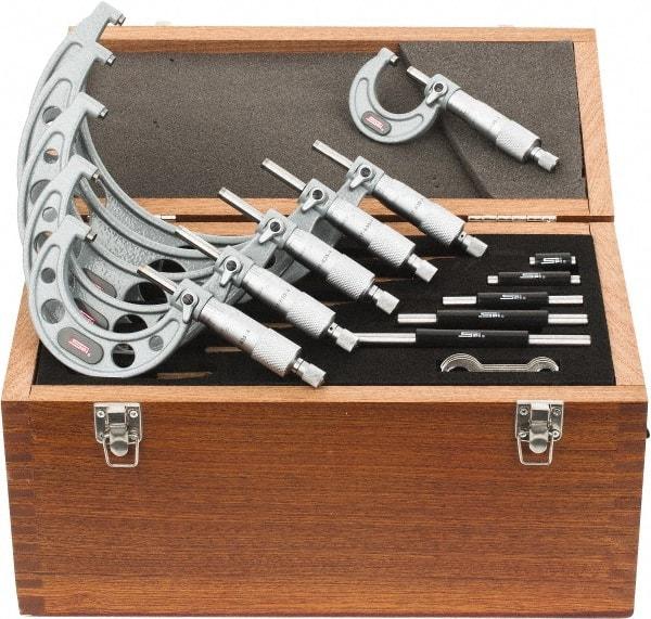 SPI - 0 to 6" Range, 6 Piece Mechanical Outside Micrometer Set - 0.0001" Graduation, 0.0001, 0.0002" Accuracy, Ratchet Stop Thimble - Exact Industrial Supply