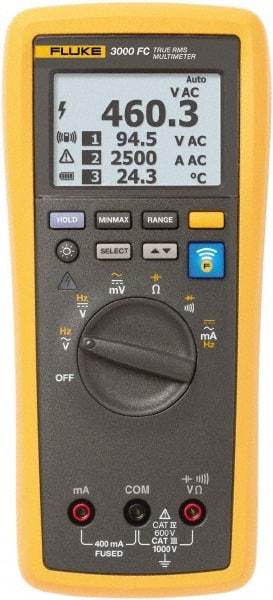 Fluke - FLK-3000 FC, CAT IV, CAT III, 1,000 VAC/VDC, Digital True RMS Auto Ranging Manual Ranging Wireless Multimeter - 50 Ohm, Measures Voltage, Capacitance, Current, Frequency, Resistance - Exact Industrial Supply