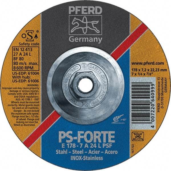 PFERD - 46 Grit, 7" Wheel Diam, 1/4" Wheel Thickness, Type 27 Depressed Center Wheel - Aluminum Oxide - Exact Industrial Supply