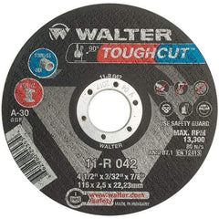WALTER Surface Technologies - 4-1/2" 30 Grit Aluminum Oxide Cutoff Wheel - 3/32" Thick, 7/8" Arbor, 13,300 Max RPM, Use with Angle Grinders - Exact Industrial Supply