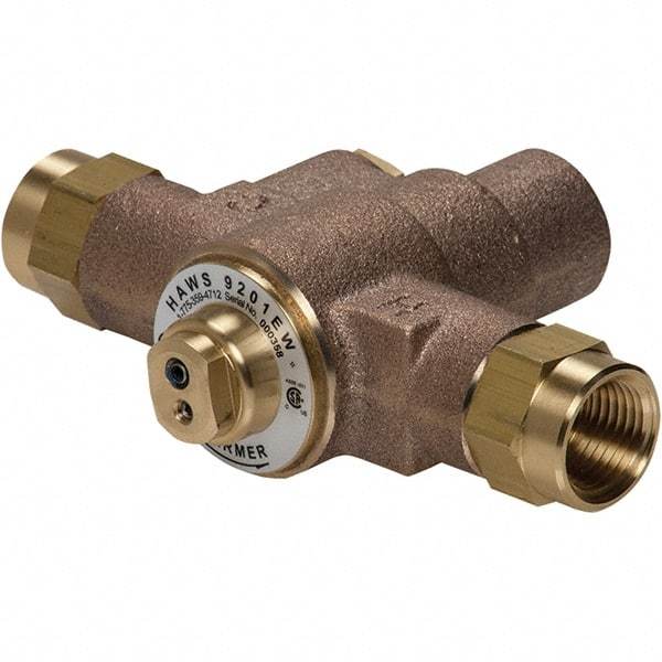 Haws - 1/2" Inlet, 2-5/8" Long x 6-1/8" Wide x 5-1/4" High, Brass Plumbed Wash Station Tempering Valve - Compatible with Combination Drench Shower & Eye/Face Wash Stations - Exact Industrial Supply