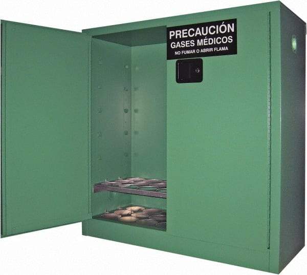 Securall Cabinets - 2 Door, Green Steel Standard Safety Cabinet for Flammable and Combustible Liquids - 44" High x 43" Wide x 18" Deep, Manual Closing Door, 3 Point Key Lock, D, E Cylinder Capacity - Exact Industrial Supply