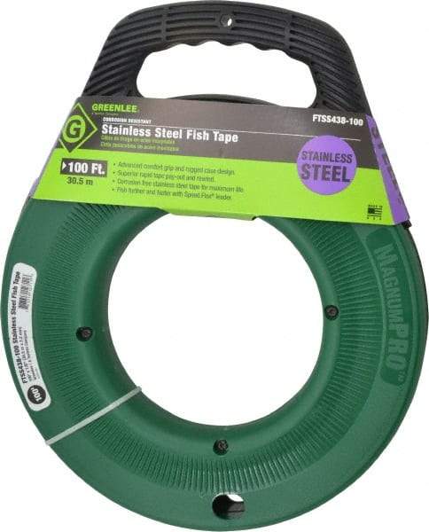 Greenlee - 100 Ft. Long x 1/8 Inch Wide, 0.045 Inch Thick, Stainless Steel Fish Tape - 400 Lb. Pulling Strength, Includes Case - Exact Industrial Supply