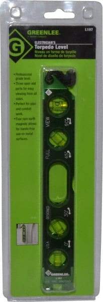 Greenlee - Magnetic 8-1/2" Long 4 Vial Torpedo Level - Aluminum, Green, 1 0°, 1 30°, 1 45° & 1 90° Vials - Exact Industrial Supply