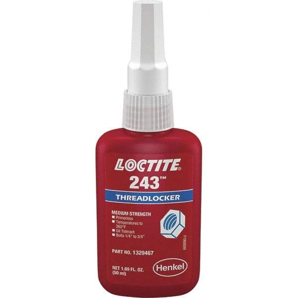 Loctite - 50 mL Bottle, Blue, Medium Strength Liquid Threadlocker - Series 243, 24 hr Full Cure Time, Hand Tool Removal - Exact Industrial Supply