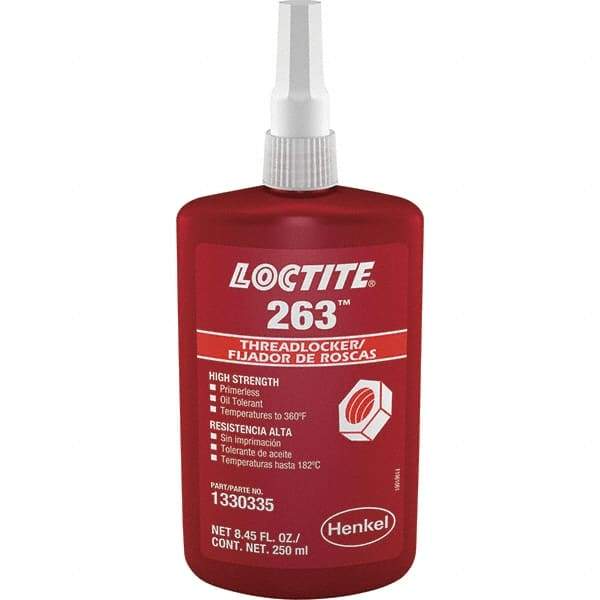 Loctite - 250 mL Bottle, Red, High Strength Liquid Threadlocker - Series 263, 24 hr Full Cure Time, Hand Tool, Heat Removal - Exact Industrial Supply