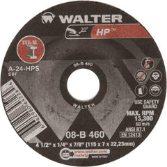 WALTER Surface Technologies - 24 Grit, 4-1/2" Wheel Diam, 1/4" Wheel Thickness, 7/8" Arbor Hole, Type 27 Depressed Center Wheel - Aluminum Oxide, 13,300 Max RPM - Exact Industrial Supply