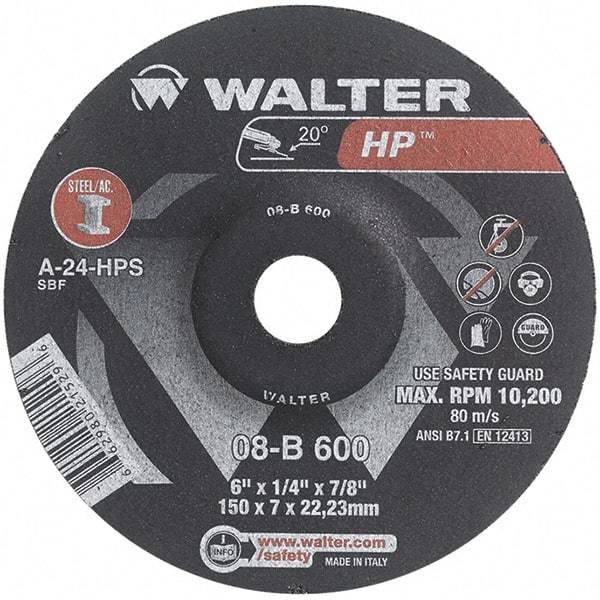 WALTER Surface Technologies - 24 Grit, 6" Wheel Diam, 1/4" Wheel Thickness, 7/8" Arbor Hole, Type 27 Depressed Center Wheel - Aluminum Oxide, Resinoid Bond, 10,200 Max RPM - Exact Industrial Supply