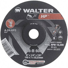 WALTER Surface Technologies - 24 Grit, 6" Wheel Diam, 1/4" Wheel Thickness, 7/8" Arbor Hole, Type 27 Depressed Center Wheel - Aluminum Oxide, Resinoid Bond, 10,200 Max RPM - Exact Industrial Supply