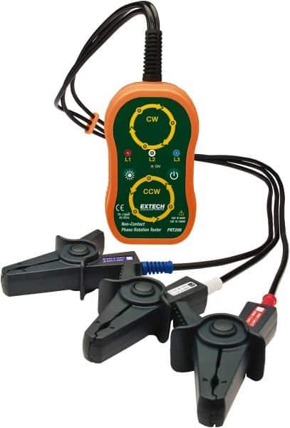 Extech - 3 Phase, 75 to 1,000 VAC, 45 to 65 Hz, 14 to 122°F, LED Display Phase Rotation Tester - AA, Includes (4) AA Batteries, Pouch Case, Test Leads with Large Color-Coded Alligator Clips, CAT III 600 V, CE, EN 61010-1 - Exact Industrial Supply