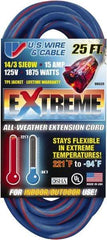Value Collection - 25', 14/3 Gauge/Conductors, Blue/Pink Indoor & Outdoor Extension Cord - 1 Receptacle, 15 Amps, 125 Volts, UL SJEOW, NEMA 5-15P - Exact Industrial Supply