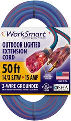 Value Collection - 50', 14/3 Gauge/Conductors, Blue/Red Outdoor Extension Cord - 1 Receptacle, 15 Amps, UL SJTW, NEMA 5-15P - Exact Industrial Supply