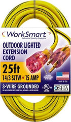 Value Collection - 25', 14/3 Gauge/Conductors, Yellow/Black Outdoor Extension Cord - 1 Receptacle, 15 Amps, UL SJTW, NEMA 5-15P - Exact Industrial Supply
