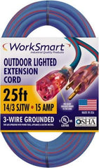 Value Collection - 25', 14/3 Gauge/Conductors, Blue/Red Outdoor Extension Cord - 1 Receptacle, 15 Amps, UL SJTW, NEMA 5-15P - Exact Industrial Supply