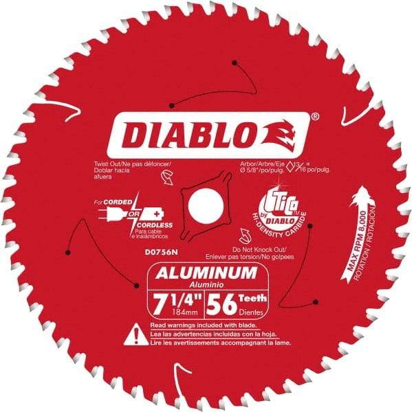 Freud - 7-1/4" Diam, 5/8" Arbor Hole Diam, 56 Tooth Wet & Dry Cut Saw Blade - Carbide-Tipped, Burr-Free Action, Standard Round Arbor - Exact Industrial Supply