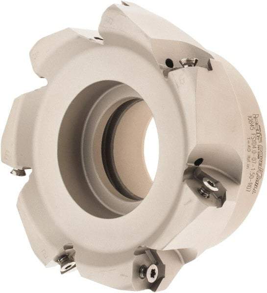 Iscar - 4.37" Cut Diam, 1-1/2" Arbor Hole, 0.18" Max Depth of Cut, 50° Indexable Chamfer & Angle Face Mill - 7 Inserts, IQ845 SYHU 07.. Insert, Right Hand Cut, Through Coolant, Series DoveIQMill - Exact Industrial Supply