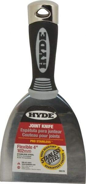 Hyde Tools - 4" Wide Stainless Steel Putty Knife - Flexible, Cushioned Grip / Hammerhead Polypropylene Handle, 8" OAL - Exact Industrial Supply