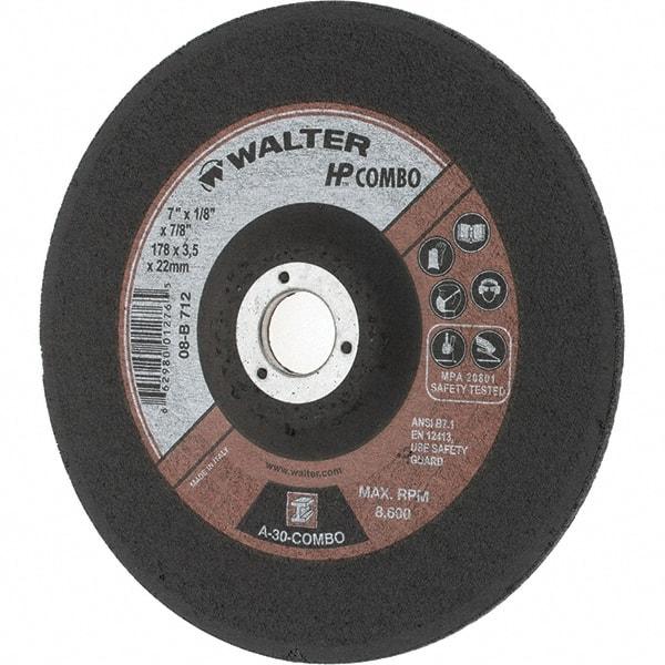 Value Collection - 30 Grit, 7" Wheel Diam, 1/8" Wheel Thickness, 7/8" Arbor Hole, Type 27 Depressed Center Wheel - Aluminum Oxide, Resinoid Bond, 8,600 Max RPM - Exact Industrial Supply