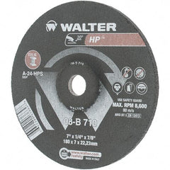 Value Collection - 24 Grit, 7" Wheel Diam, 1/4" Wheel Thickness, 7/8" Arbor Hole, Type 27 Depressed Center Wheel - Aluminum Oxide, Resinoid Bond, 8,600 Max RPM - Exact Industrial Supply