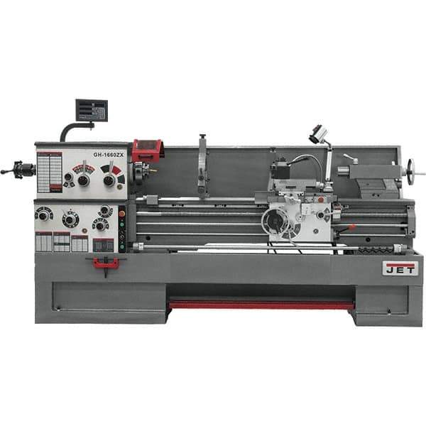 Jet - 16" Swing, 60" Between Centers, 230 Volt, Triple Phase Engine Lathe - 7MT Taper, 7-1/2 hp, 25 to 1,800 RPM, 3-1/8" Bore Diam, 44-1/2" Deep x 65-1/2" High x 117" Long - Exact Industrial Supply