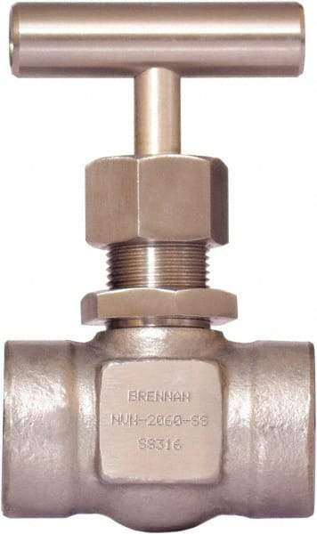 Brennan - 1/4" Pipe, Straight Needle Valve - PTFE Seal, Tube Ends, Stainless Steel Valve, 6,000 Max psi - Exact Industrial Supply