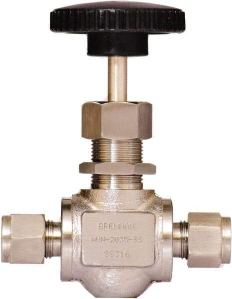 Brennan - 3/8" Pipe, Straight Needle Valve - PTFE Seal, Tube Ends, Stainless Steel Valve, 6,000 Max psi - Exact Industrial Supply