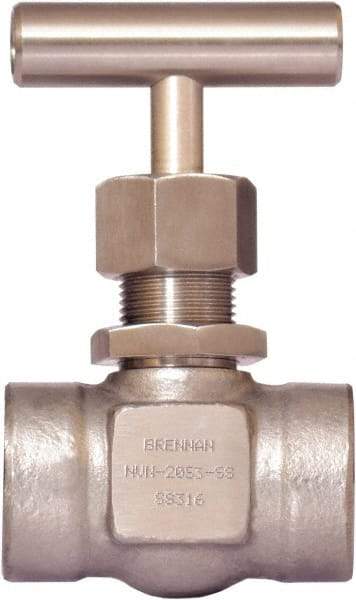 Brennan - 3/4" Pipe, Straight Needle Valve - PTFE Seal, Tube Ends, Stainless Steel Valve, 6,000 Max psi - Exact Industrial Supply