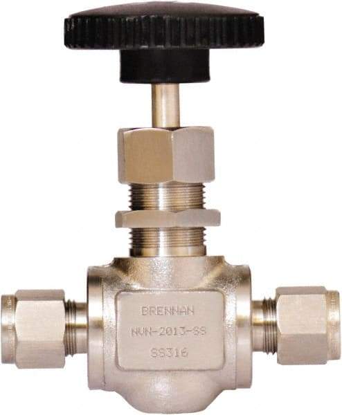 Brennan - 3/8" Pipe, Straight Needle Valve - PTFE Seal, Tube Ends, Stainless Steel Valve, 6,000 Max psi - Exact Industrial Supply