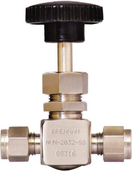 Brennan - 1/4" Pipe, Straight Needle Valve - PTFE Seal, Tube Ends, Stainless Steel Valve, 6,000 Max psi - Exact Industrial Supply