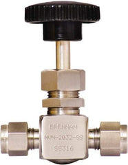 Brennan - 1/4" Pipe, Straight Needle Valve - PTFE Seal, Tube Ends, Stainless Steel Valve, 6,000 Max psi - Exact Industrial Supply