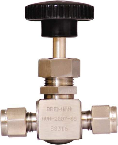 Brennan - 1/4" Pipe, Straight Needle Valve - PTFE Seal, Tube Ends, Stainless Steel Valve, 6,000 Max psi - Exact Industrial Supply