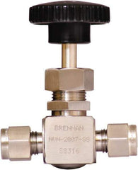 Brennan - 1/4" Pipe, Straight Needle Valve - PTFE Seal, Tube Ends, Stainless Steel Valve, 6,000 Max psi - Exact Industrial Supply
