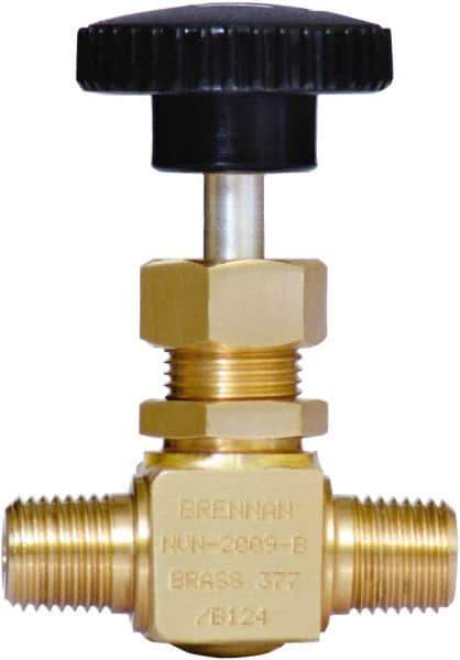 Brennan - 1/4" Pipe, Straight Needle Valve - PTFE Seal, NPT Ends, Brass Valve, 3,000 Max psi - Exact Industrial Supply