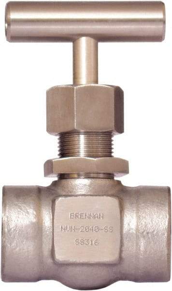 Brennan - 1/2" Pipe, Straight Needle Valve - PTFE Seal, NPT Ends, Stainless Steel Valve, 6,000 Max psi - Exact Industrial Supply